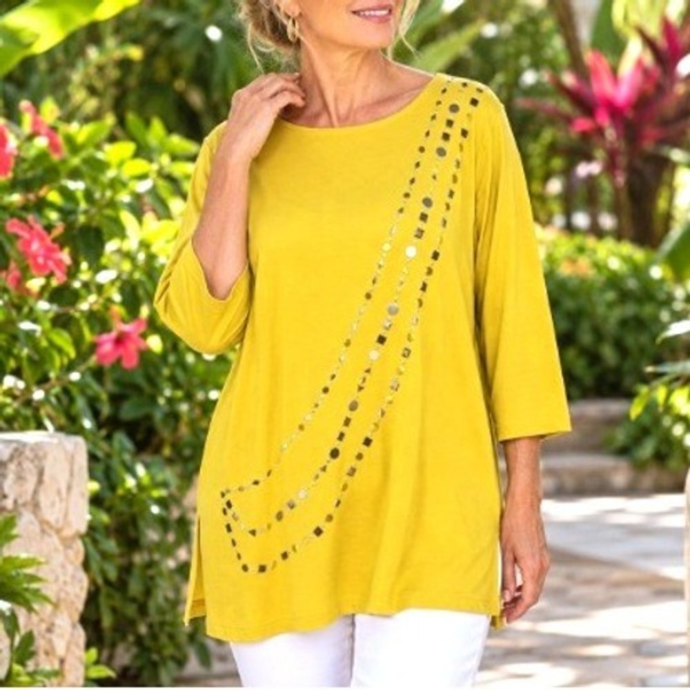 Bob Mackie Wearable Art Sunshine Yellow Studded Loungewear Resortwear Tunic XL